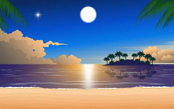Lua cheia no céu azul ao pôr do sol na praia — Vetor de Stock