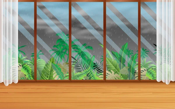 Regn landskap vid glasfönstren — Stock vektor