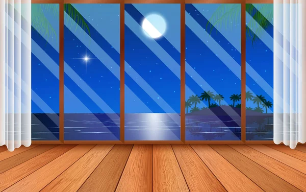 Krajina na pláži v noci na skleněných oknech — Stockový vektor