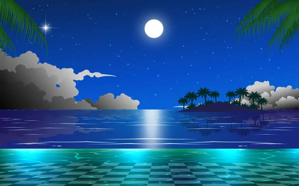 Výhled na venkovní bazén na pláži v noci — Stockový vektor