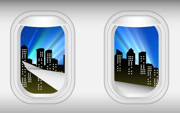 Θέα της πόλης τη νύχτα στα παράθυρα του αεροπλάνου — Διανυσματικό Αρχείο