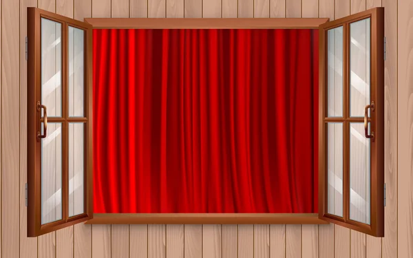 Tirai merah di jendela di dinding kayu - Stok Vektor