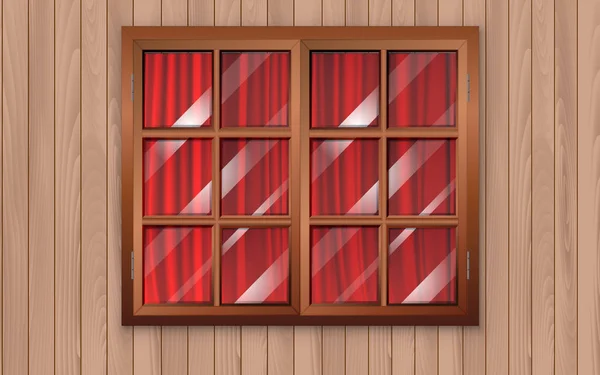 Red curtain at the windows on the wooden — Stock Vector