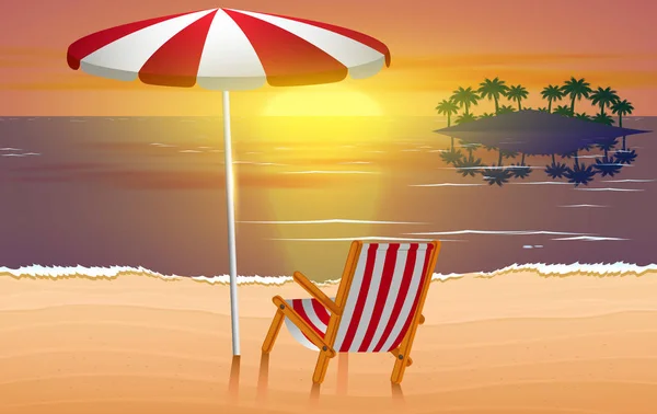 夕暮れ時のビーチの椅子と傘 — ストックベクタ