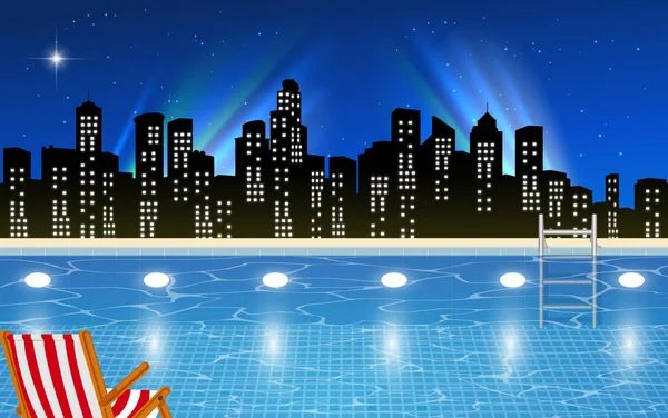 View of swimming pool on the high building in the city in the night — Stock Vector