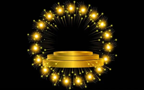 Golden Podium Fireworks Dark Background — Stock Vector