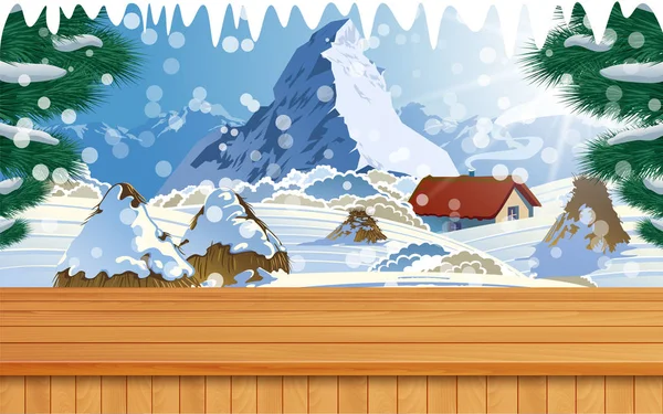 Tavolo Legno Con Paesaggio Montagna Giorno Neve — Vettoriale Stock