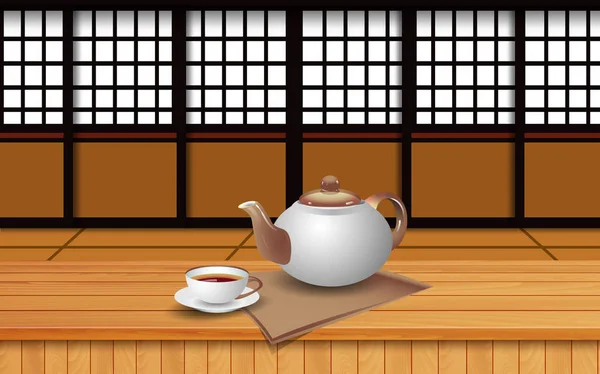 Thé Chaud Sur Table Bois Dans Chambre Japonaise — Image vectorielle