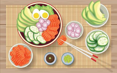 Ahşap masada somon salatası