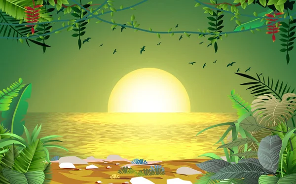 Τοπίο του ηλιοβασιλέματος στο ποτάμι στη ζούγκλα — Διανυσματικό Αρχείο