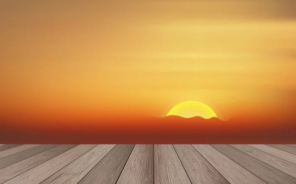 Ξύλινο τραπέζι με φόντο το ηλιοβασίλεμα — Διανυσματικό Αρχείο