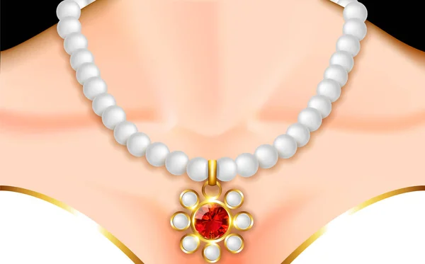 真珠のネックレスに赤いダイヤモンド — ストックベクタ