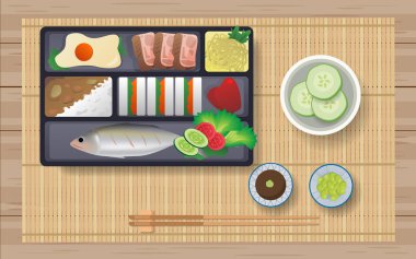 Ahşap masada Bento kutusunda Japon gıda