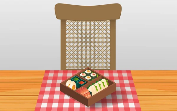 Γιαπωνέζικο φαγητό σε κουτί με ξύλινο τραπέζι — Διανυσματικό Αρχείο