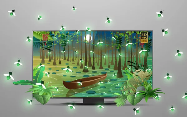 Lcd Fernseher Mit Glühwürmchen Fluss Dschungel — Stockvektor