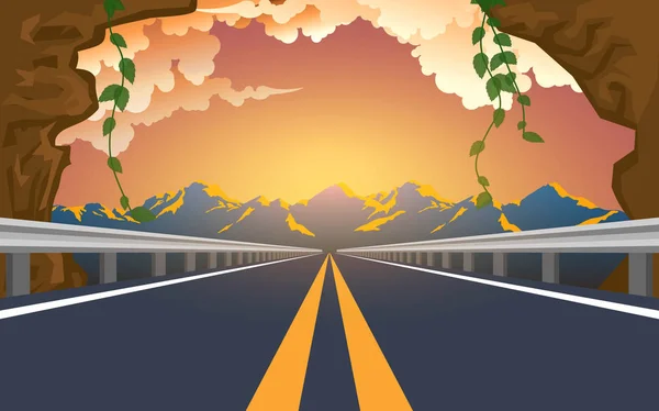 Paysage Route Sur Montagne Coucher Soleil — Image vectorielle