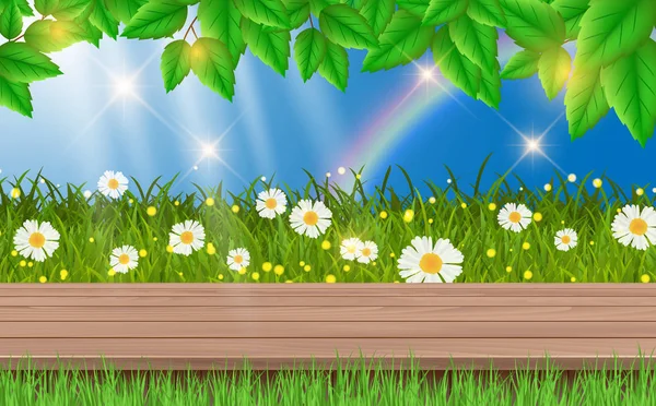 Holztisch Grünen Gras Und Blumen — Stockvektor