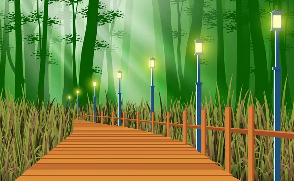 Landschaft Der Holzbrücke Auf Der Wiese Wald — Stockvektor