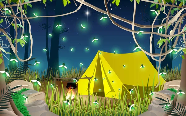 Tienda Campaña Bosque Montaña Noche — Vector de stock