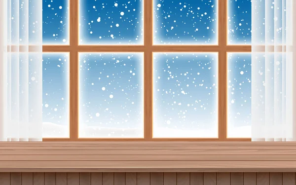 Дерев Яний Стіл Вікнах Сніжний День — стоковий вектор