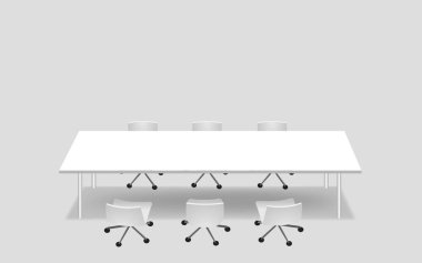 Beyaz yuvarlak konferans masası ve beyaz arka planda sandalyeler