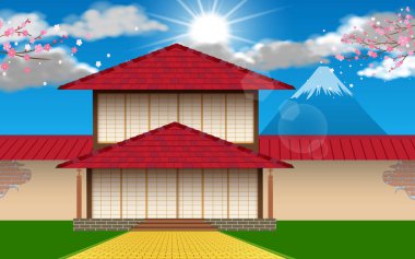  Fuji Dağı arkaplanlı antik Japon evinin manzarası