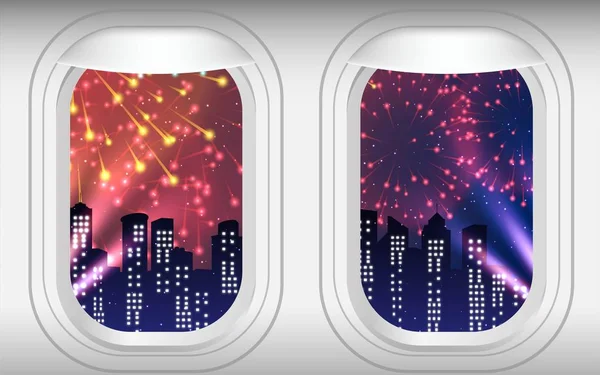 Fuegos Artificiales Colores Cielo Las Ventanas Del Avión — Archivo Imágenes Vectoriales