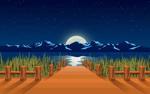 Táj Híd Folyón Hold Éjszaka — Stock Vector