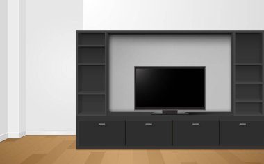  Oturma odasındaki vitrin ve siyah vitrin üzerine LCD TV.