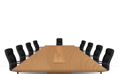  Ahşap konferans masası ve beyaz arka planda sandalyeler