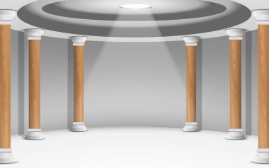 Tahta masa ve beyaz ışıklar beyaz odada.