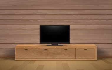  Salondaki ahşap vitrinde ve dolapta lCD TV var.