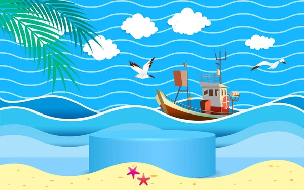 Podio Azul Con Fondo Playa — Vector de stock