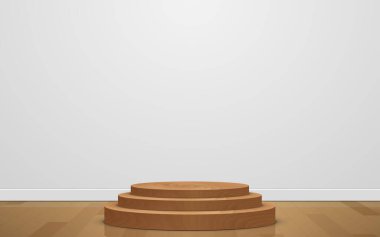 Beyaz odada ahşap bir zeminde ahşap bir podyum.