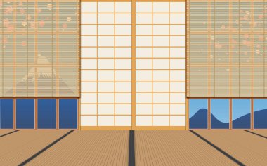 Japonya 'daki dojo odasının pencerelerinde tahta perde var.