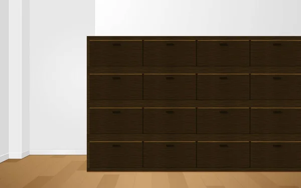白色房间里木制地板上的木制文件柜 — 图库矢量图片