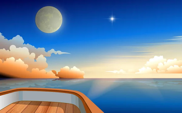 木のボートで朝の海での月と日の出の眺め — ストックベクタ