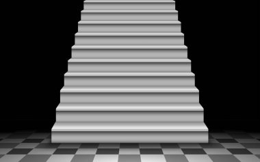  Karanlık odadaki fayans zemininde beyaz merdiven.