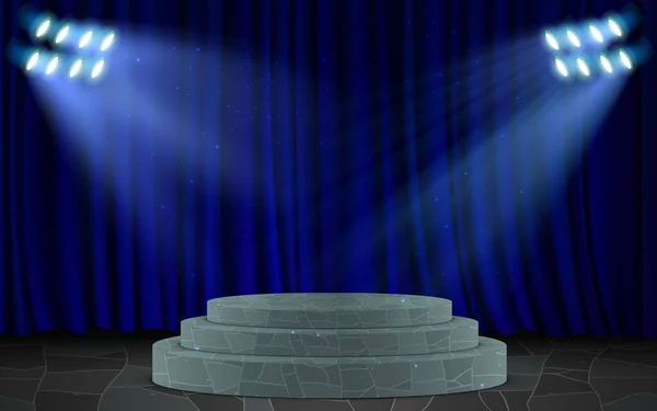 大理石の床に大理石の表彰台とスタジオルームの青のカーテンの背景 — ストックベクタ