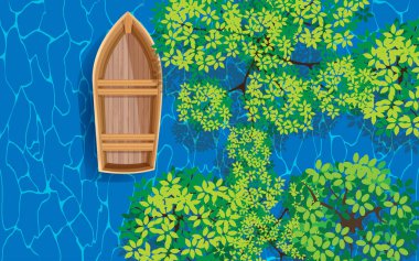 Sahildeki mangrov ormanında ahşap bir tekne.