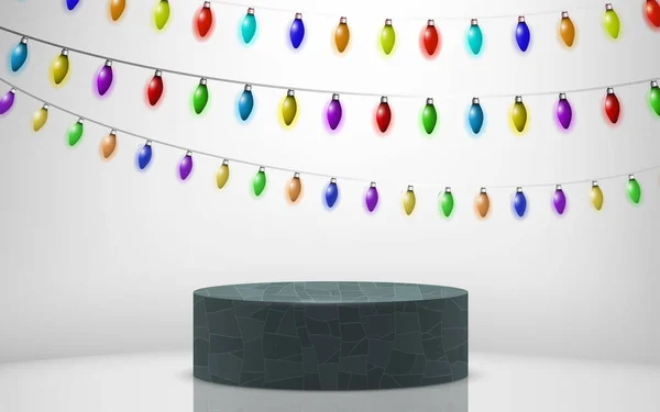 Podium Marbre Avec Des Tulbs Lumineux Suspendus Colorés Sur Fond — Image vectorielle