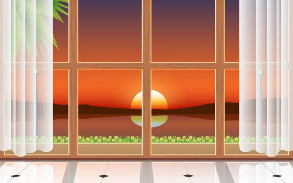 Sunlight Windows Bungalow Sunset Beach Summer — Stock Vector