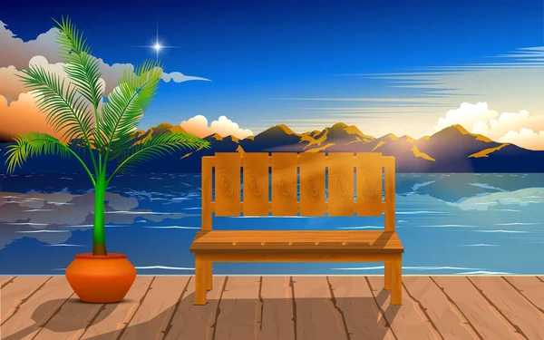 Wooden Chair Wooden Board Beach Morning — Stock Vector