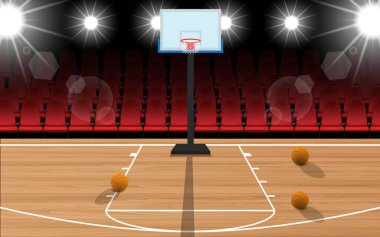 Salonda ahşap basketbol sahası var.
