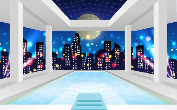 Gece Şehrin Yüksek Binasında Yüzme Havuzu — Stok Vektör