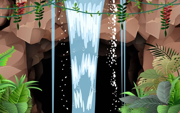 Wasserfalllandschaft Auf Der Höhle Dschungel — Stockvektor