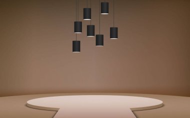 Stüdyo odasında ışık saçan bir vitrin.