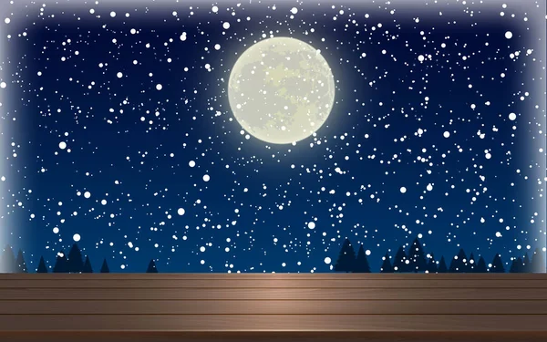 Table Bois Avec Pleine Lune Nuage Dans Fond Nuit — Image vectorielle