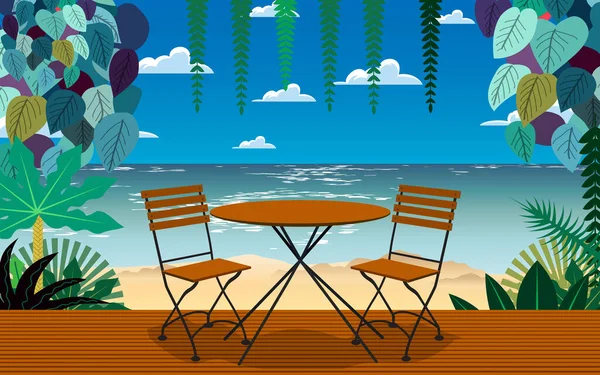 Mesa Madera Silla Cafetería Restaurante Con Fondo Playa — Vector de stock