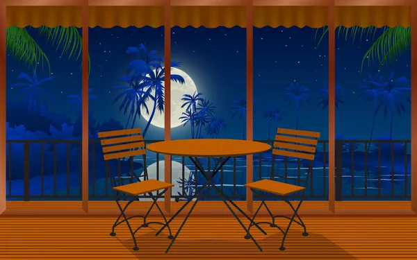 夜は屋内のカフェやレストランの木のテーブルと椅子 — ストックベクタ